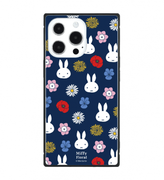 Miffy Floral iPhone 13 Pro 対応 スクエアガラスケース ネイビー GOUR