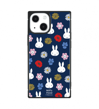 Miffy Floral iPhone 13mini/12mini 対応 スクエアガラスケース ネイビー GOUR